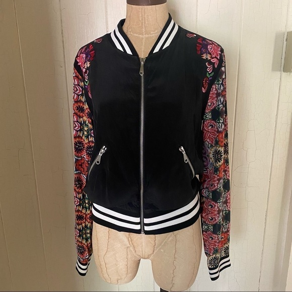 Rebecca Minkoff Jackets & Blazers - REBECCA MINKOFF sz 0 Black Bomber Jacket Floral Sleeves Silk